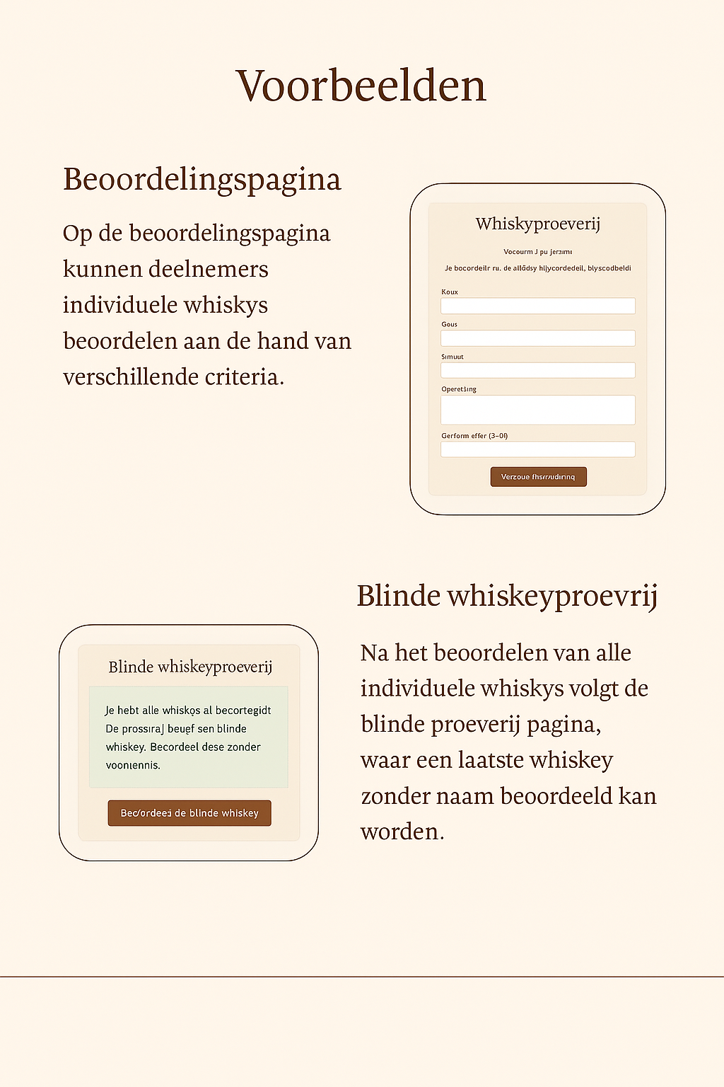 Voorbeeld van beoordelingspagina en blinde whisky's